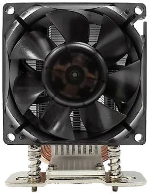 Un ventilateur d'ordinateur noir avec un dissipateur thermique en cuivre et en aluminium, vu de face. Composant essentiel du système de refroidissement d'un PC.
