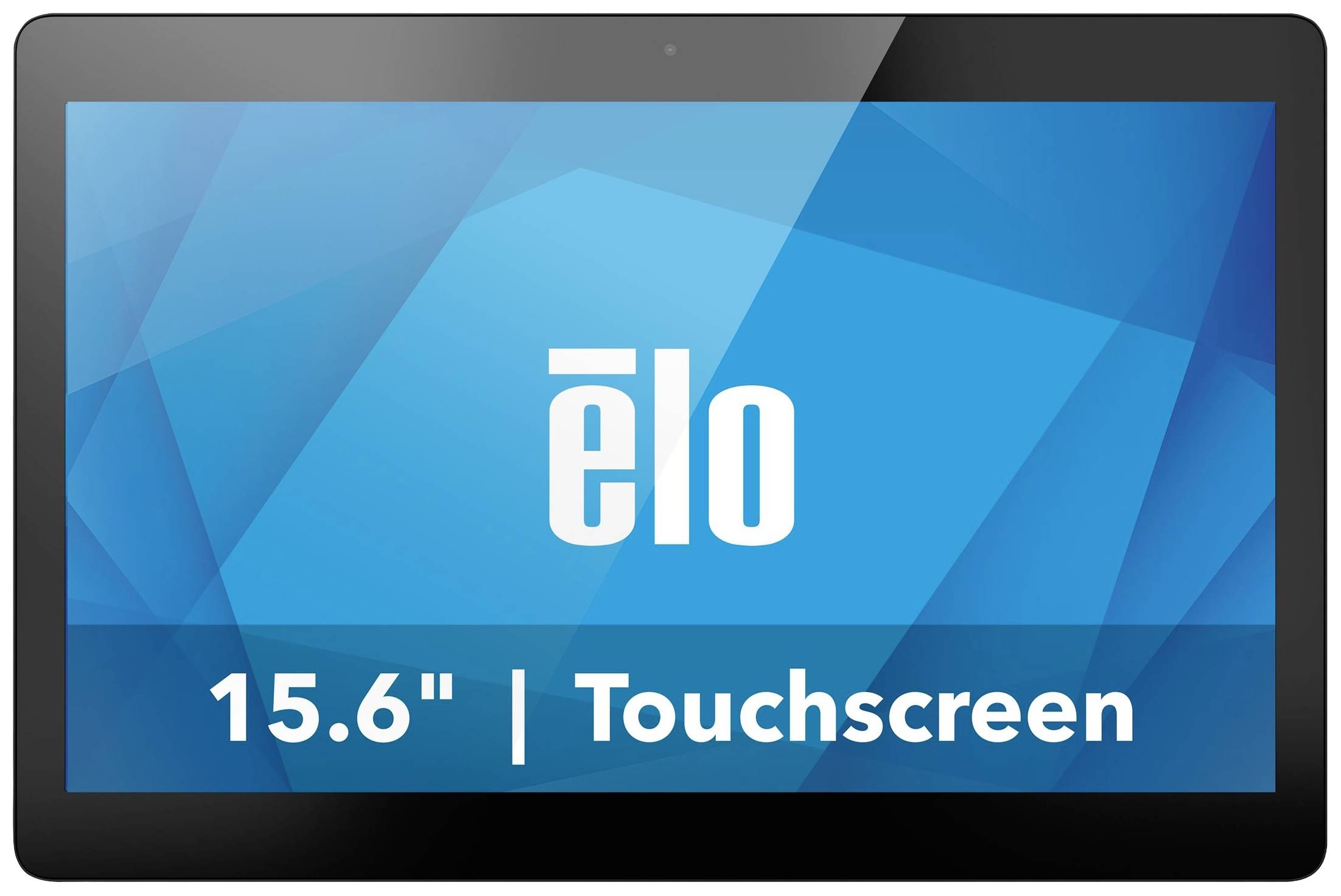 Tablette avec logo 'elo' sur fond bleu. Texte en dessous : '15,6