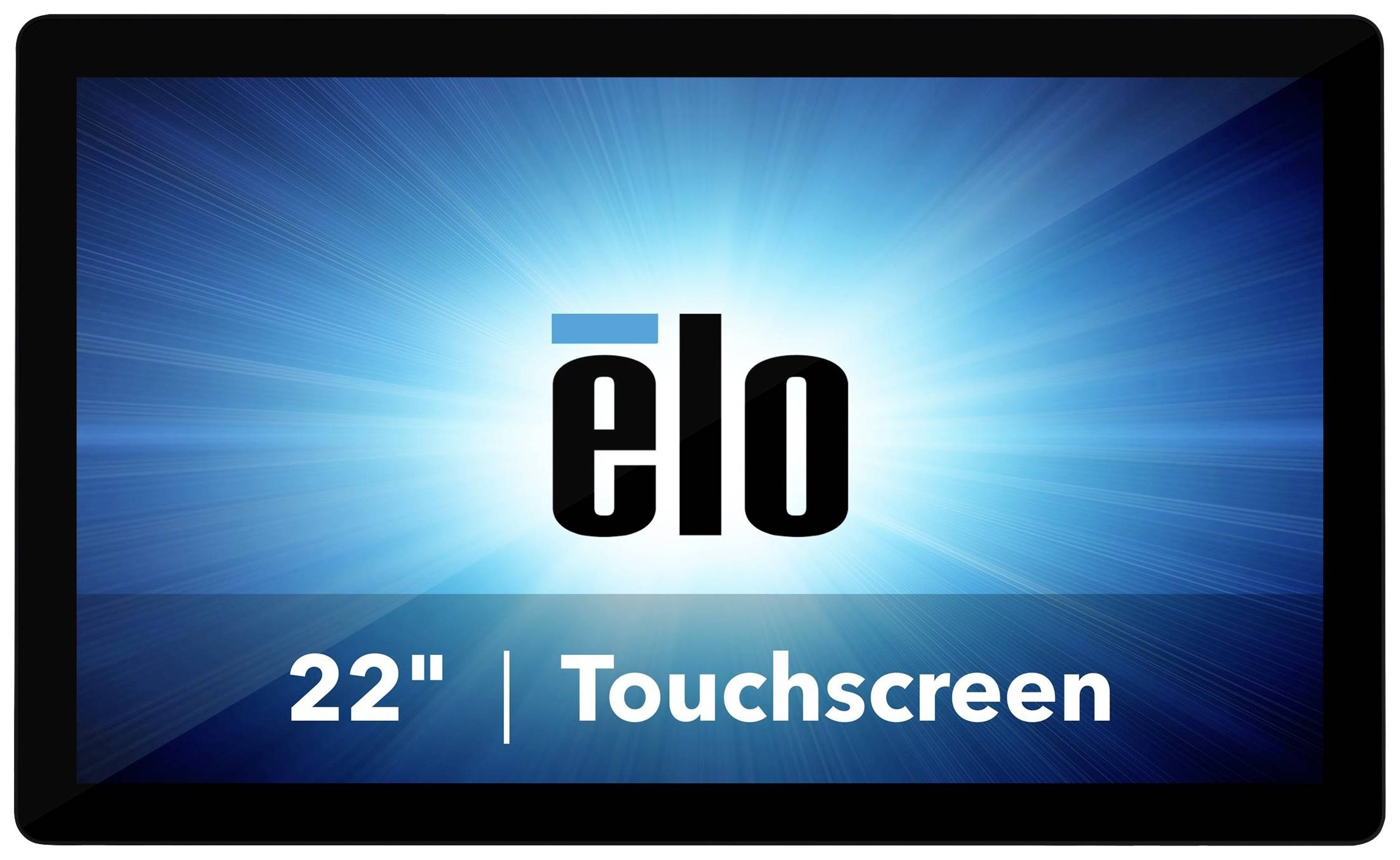 Écran tactile 'elo' au milieu d'un fond bleu rayonnant. En bas, on peut lire « Écran tactile 22