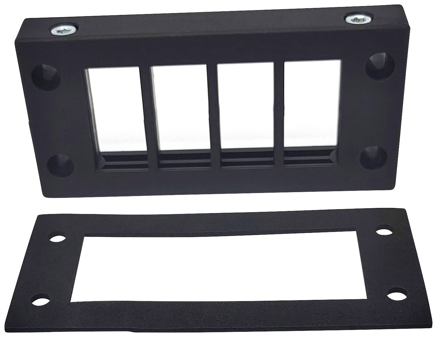 Un insert de grille de ventilation noir avec un cadre rectangulaire et plusieurs lamelles est représenté, à côté se trouve un joint d'étanchéité en caoutchouc correspondant.