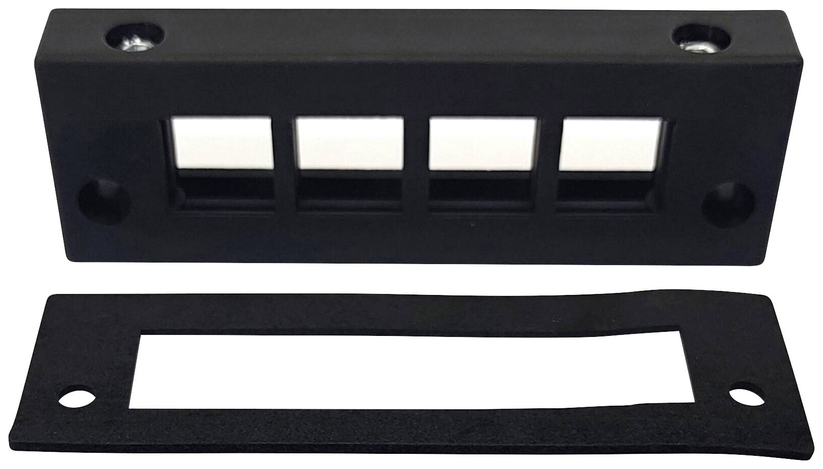 Pièce rectangulaire noire en plastique avec quatre petites ouvertures carrées et support de cadre rectangulaire séparé en dessous.