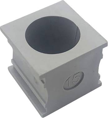 Bloc gris en plastique avec une ouverture centrale ronde et le numéro '15' sur le côté. Sert de entretoise ou de connecteur.