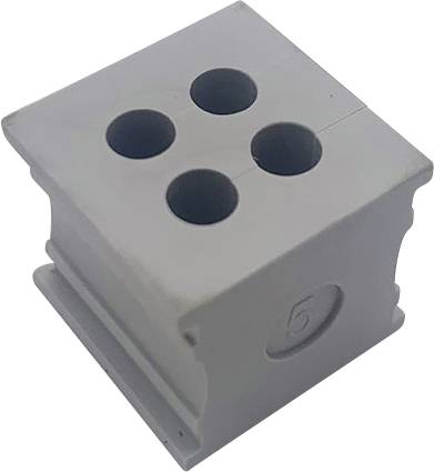 Un bloc de plastique gris, carré, avec quatre trous ronds en haut et un chiffre '5' sur le côté, utilisé comme élément de jonction.