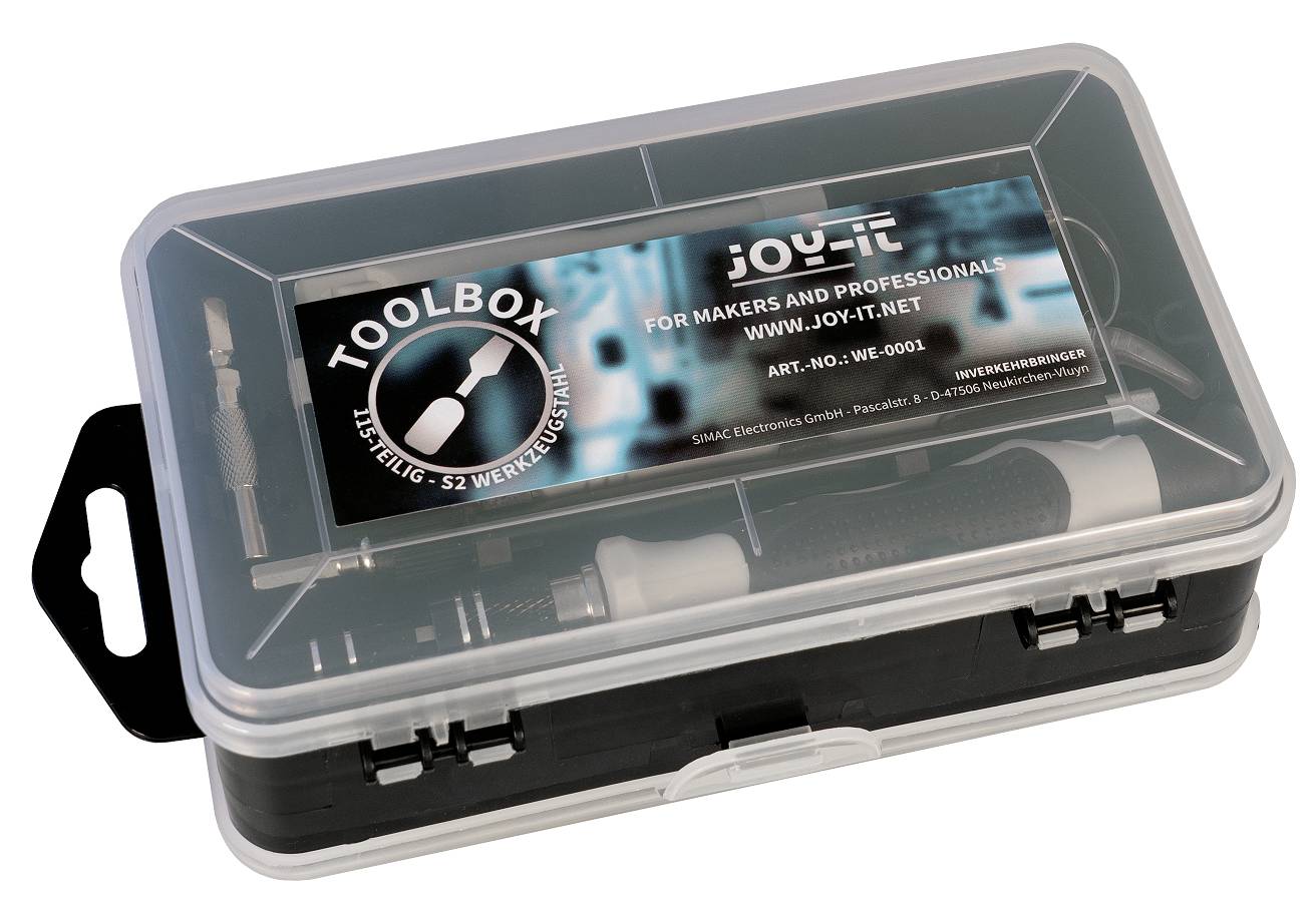 Coffret à outils pour makers et professionnels de Joy-IT, référence 'NO-WE-0001', contenant divers outils, couvercle transparent.