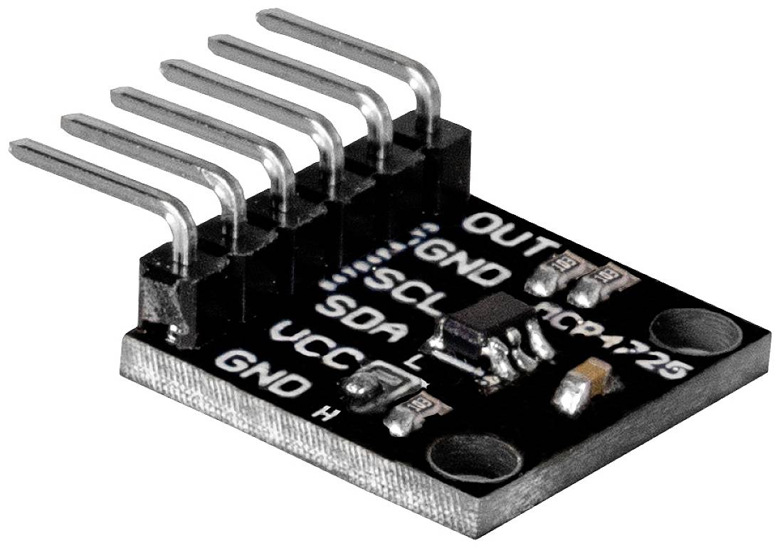 Module de microprocesseur avec six broches métalliques prolongées sur la gauche. Étiquettes : 'OUT', 'GND', 'SCL', 'SDA', 'VCC', 'GND'.