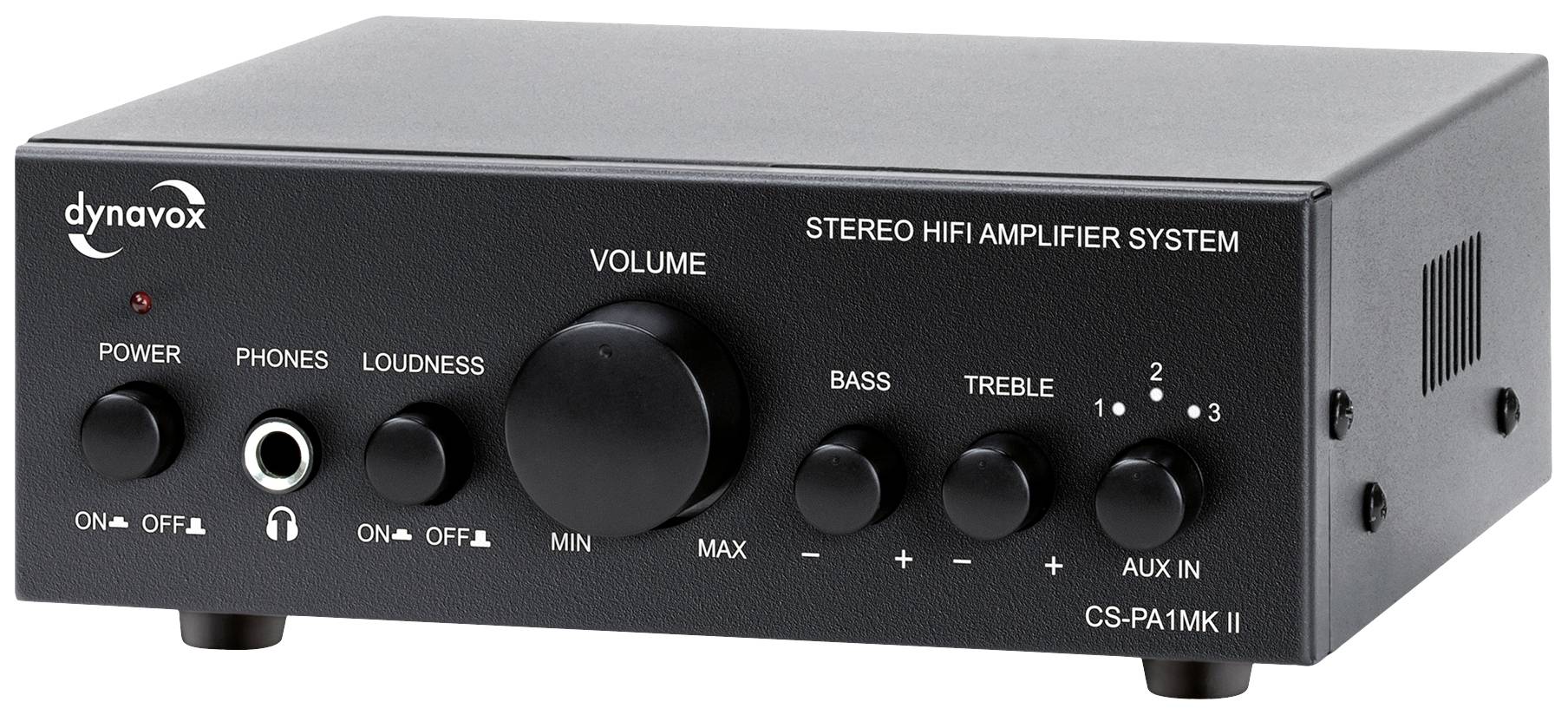 Système ampli-tuner stéréo HiFi avec contrôle de volume, réglages des basses et des aigus, plusieurs entrées et prise casque.