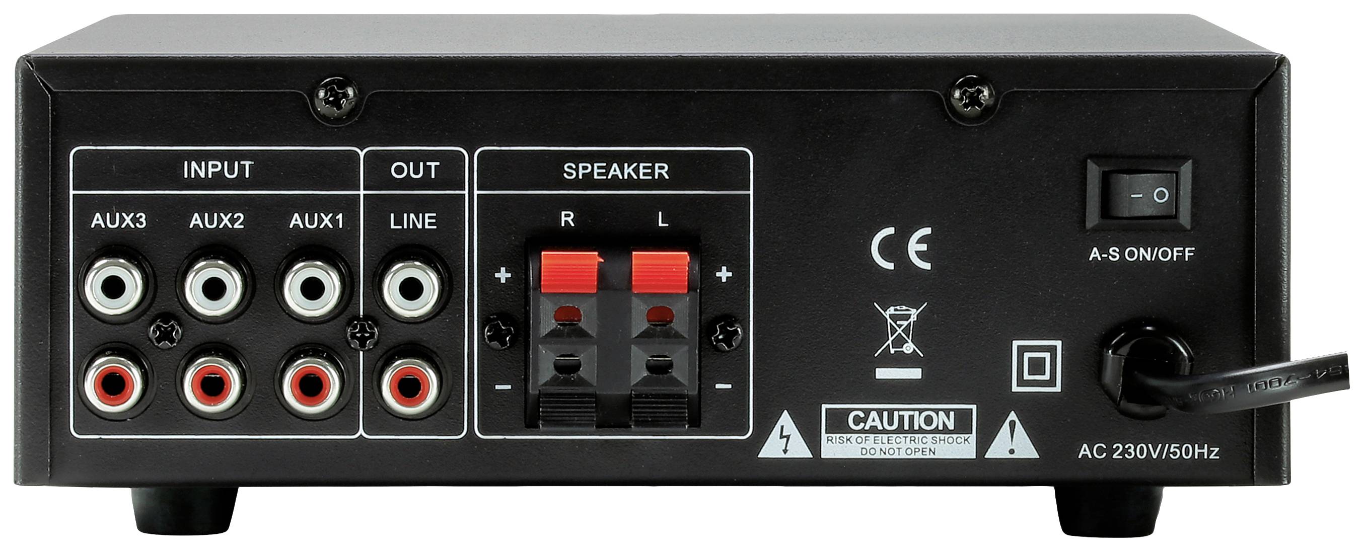 Arrière d'un appareil audio avec plusieurs ports d'entrée et de sortie, des connexions pour enceintes, un interrupteur marche/arrêt et un câble d'alimentation.
