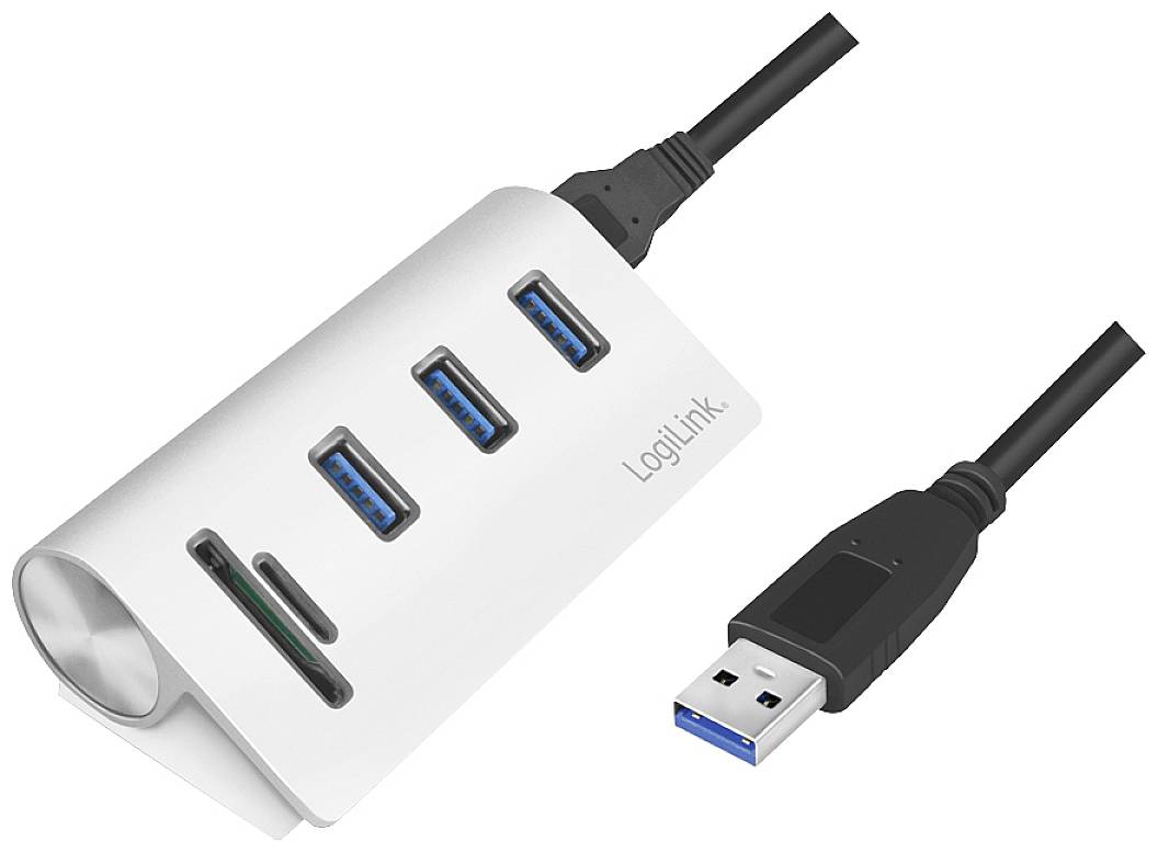 Hub USB avec trois ports USB 3.0 et un lecteur de cartes. À côté, un câble d'alimentation USB 3.0. L'appareil est de couleur argent avec l'inscription 'LogiLink'.