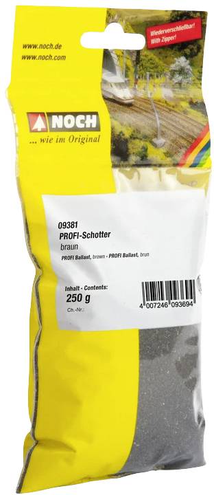 Sachet jaune contenant 250 g de ballast brun PROFI de la marque Noch, présenté devant un arrière-plan de maquette ferroviaire.