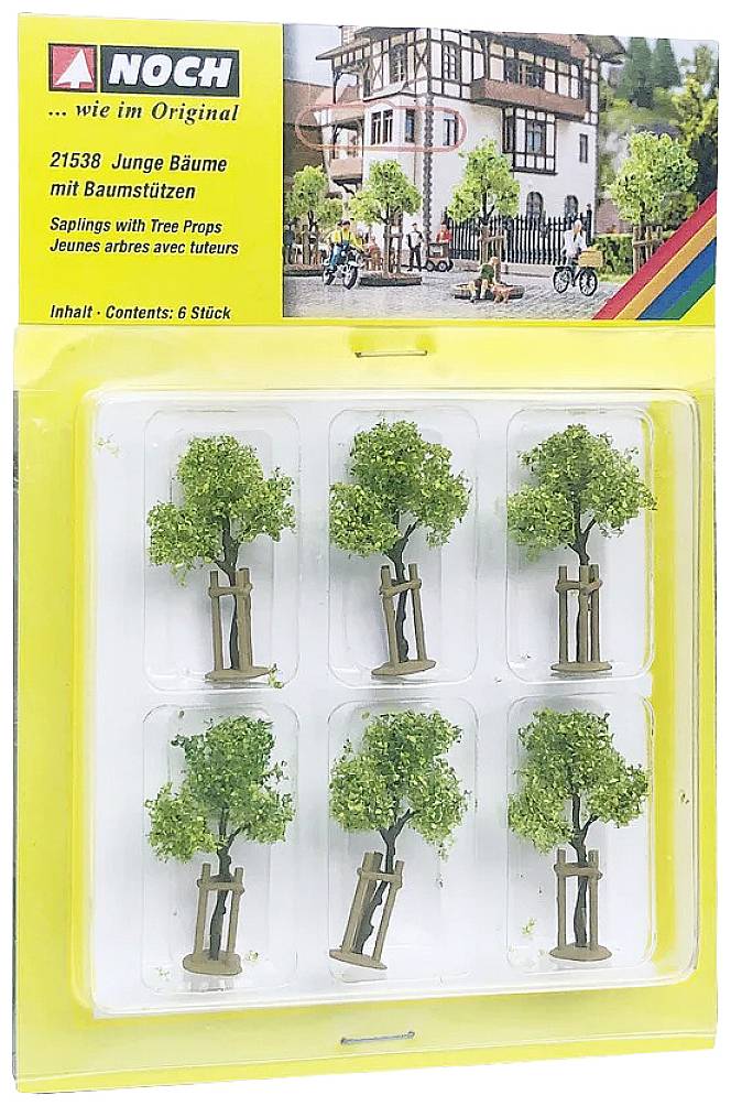 'Encore des arbres miniatures à l'échelle : 6 jeunes arbres avec tuteurs, adaptés aux paysages de maquettes ferroviaires et de dioramas.'