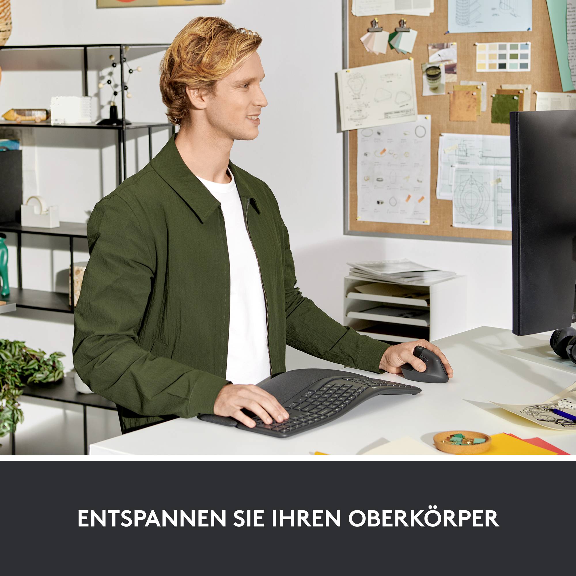 Un homme dans un bureau hoche la tête et sourit tout en utilisant une chaise de bureau ergonomique. Texte en dessous : 'Détendez votre partie supérieure du corps'.