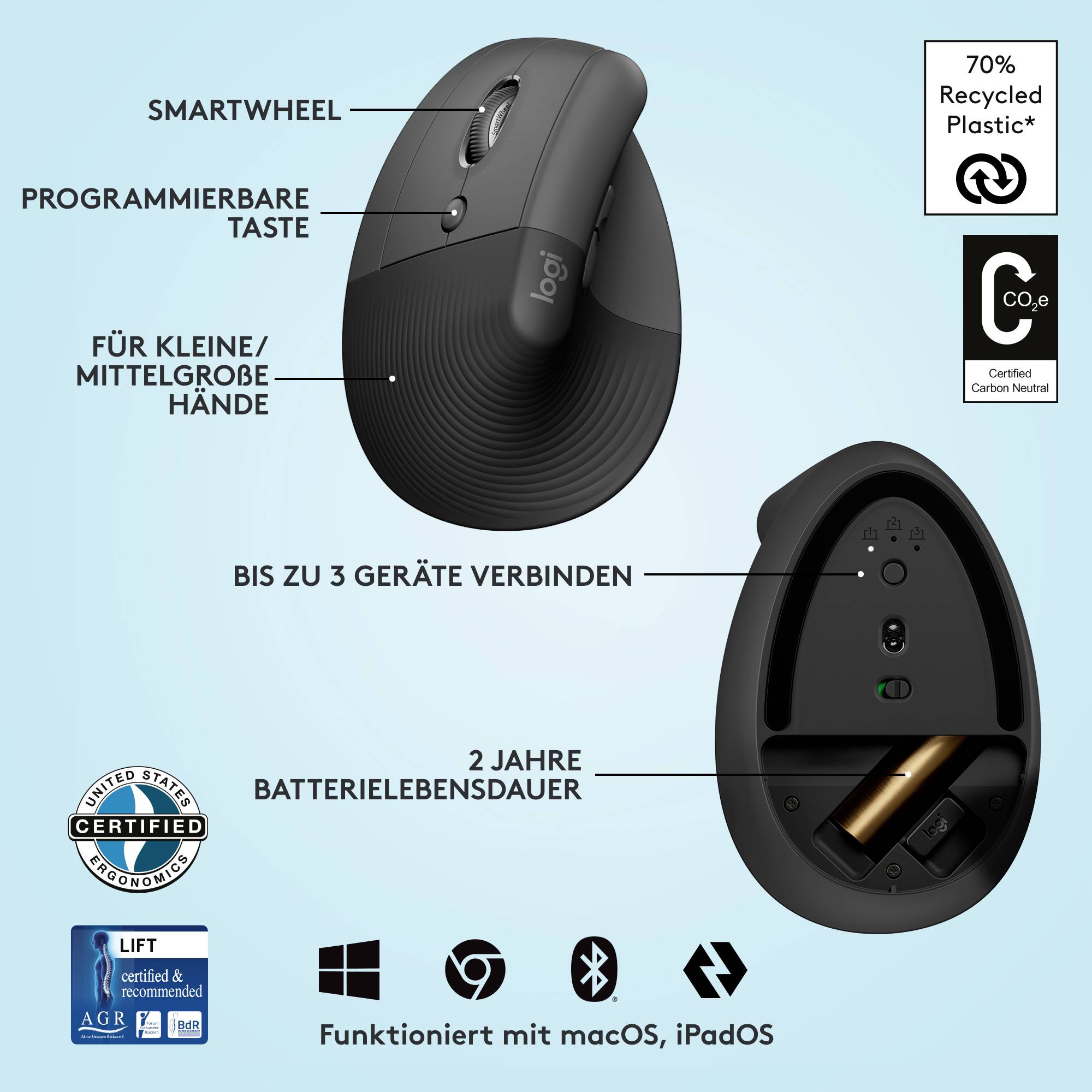'Souris d'ordinateur ergonomique noire avec roue intelligente, touche programmable, autonomie de batterie de 2 ans et connexion possible à jusqu'à 3 appareils.'