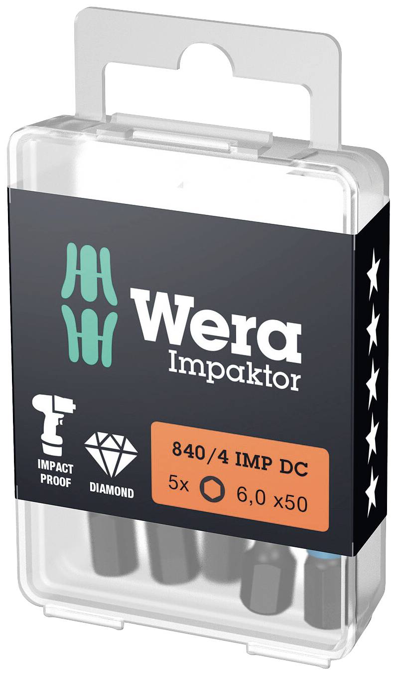 Boîte en plastique contenant cinq embouts Wera Impaktor, type 840/4 IMP DC, taille 6,0 x 50 mm. Marquage : 'Impact Proof' et 'Diamond'.