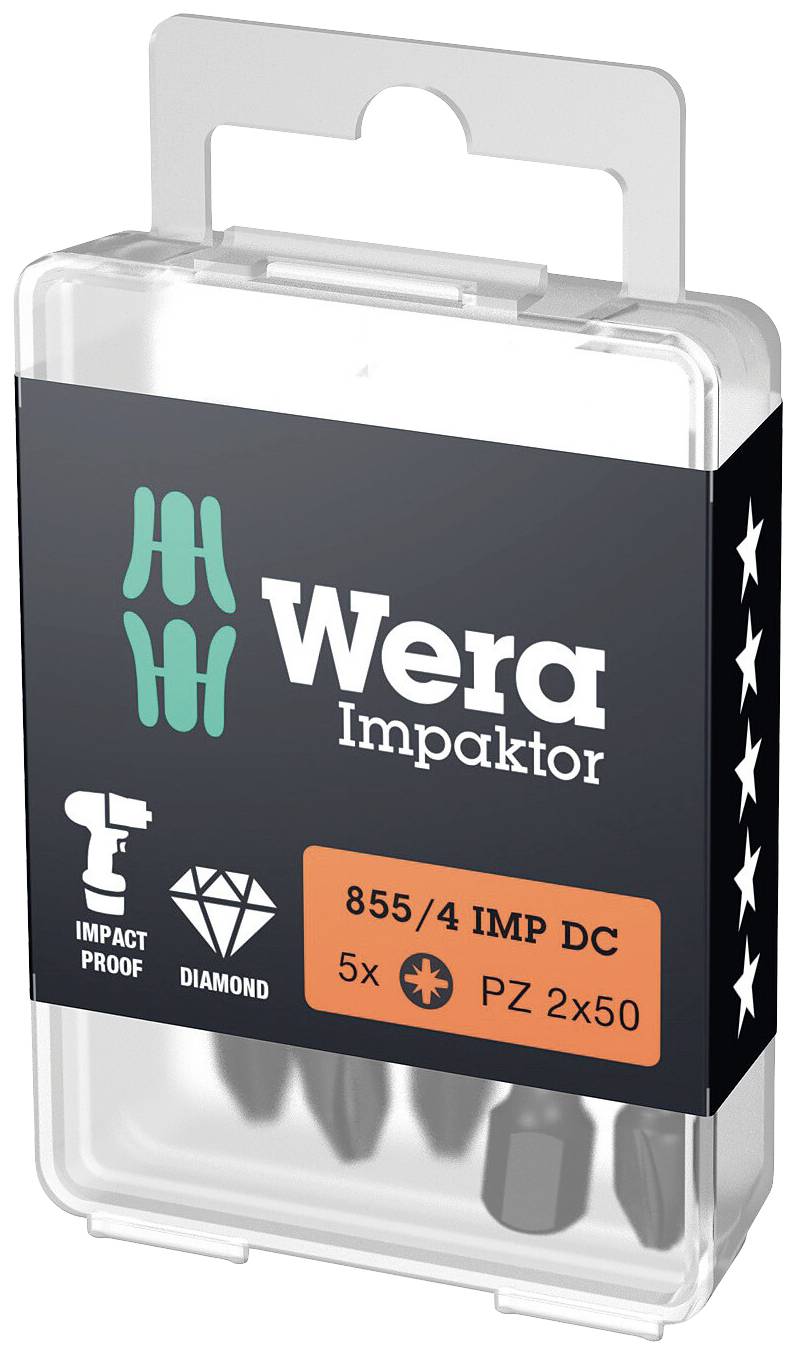 Un ensemble d'embouts Wera Impaktor 855/4 avec cinq têtes de vis, PZ 2x50. L'emballage présente des symboles indiquant la résistance aux chocs et le revêtement diamant.