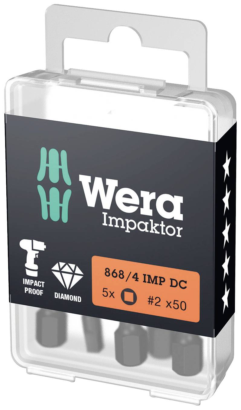 Emballage de produit pour embouts Wera Impaktor, 868/4 IMP DC, contient 5 embouts revêtus de diamant, taille #2 x 50 mm, adaptés aux charges élevées.