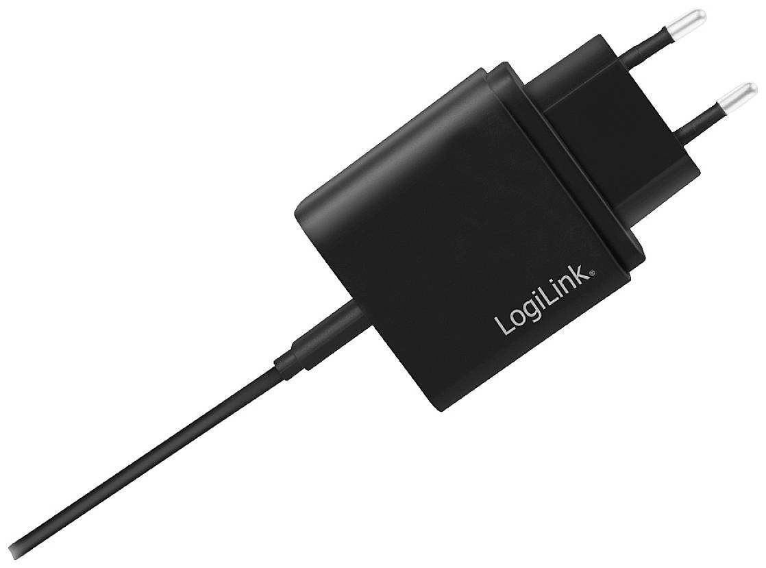 Adaptateur secteur noir de LogiLink avec deux fiches européennes, adapté à la charge d'appareils électroniques tels que les smartphones ou les tablettes.