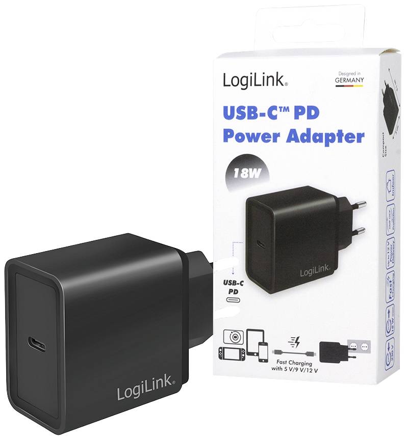 Adaptateur secteur LogiLink USB-C PD noir de 18W sur l'emballage. Texte « Charge rapide avec 5V/9V/12V ». Conçu en Allemagne.