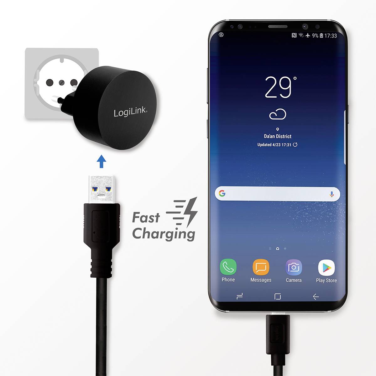 Un smartphone est connecté à un chargeur par un câble. L'écran affiche 29 degrés et 'Charge rapide'.