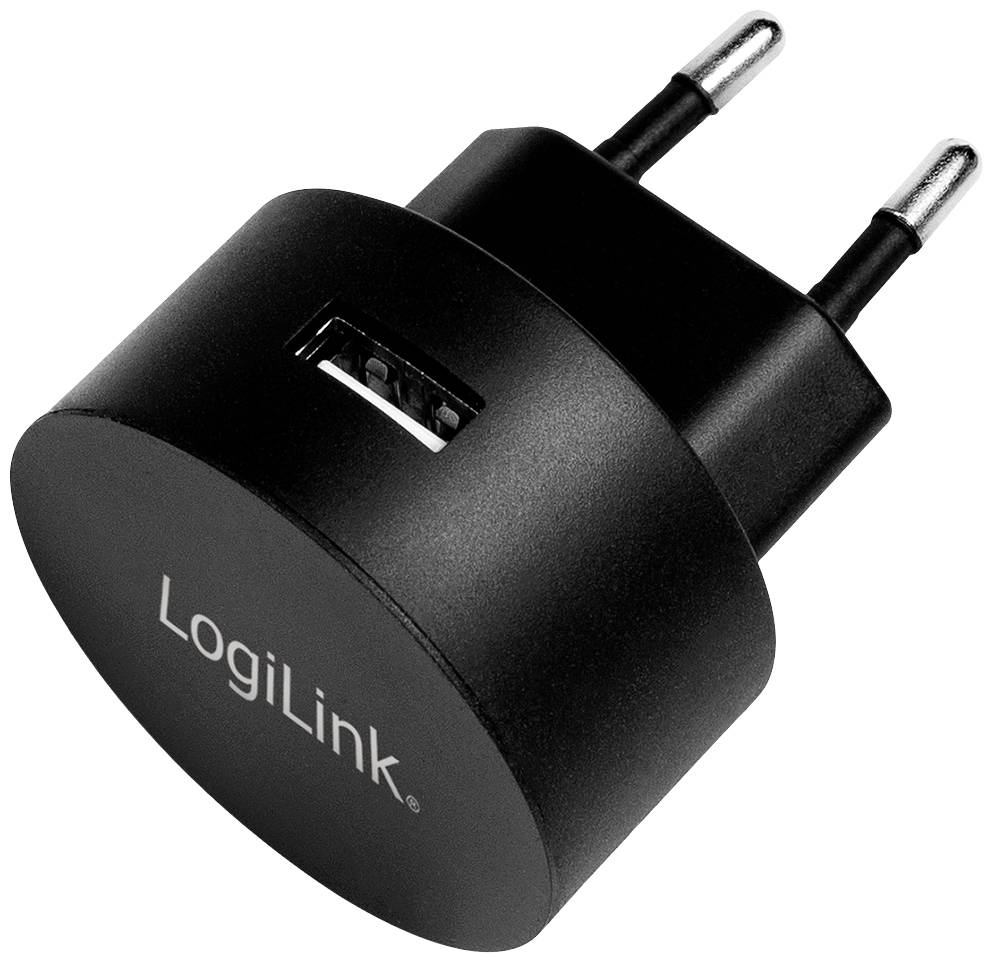 Adaptateur secteur USB noir de LogiLink avec fiche européenne. Adapté pour charger des appareils USB.