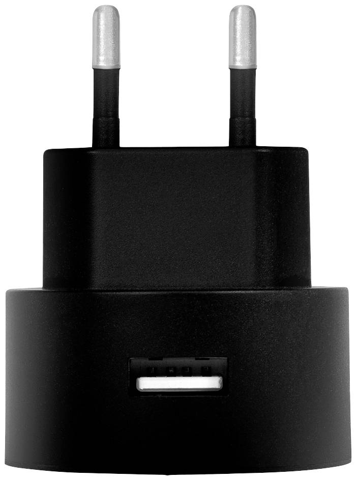 Chargeur USB noir avec deux contacts de prise, présenté de face.