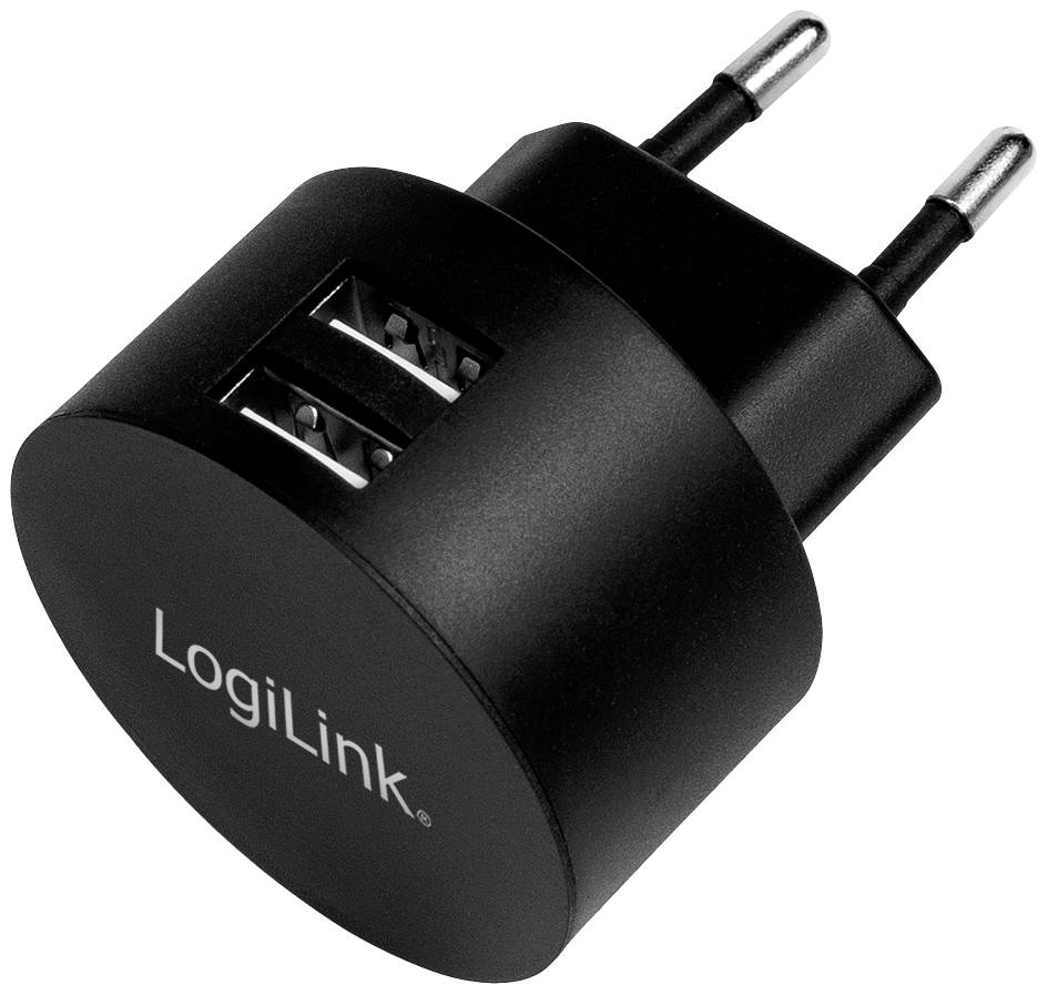 Chargeur mural USB noir avec deux ports USB et fiche européenne. Nom de marque 'LogiLink' sur la face avant.