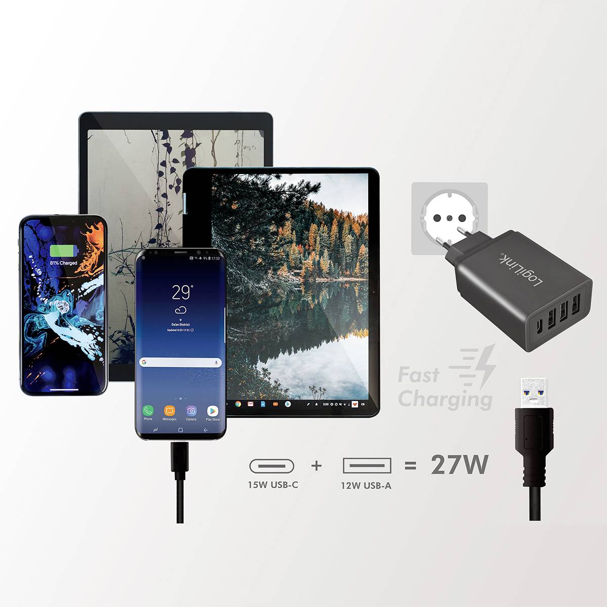 LogiLink Chargeur USB 15 W 1x USB-C®, 3x USB-A noir intérieure