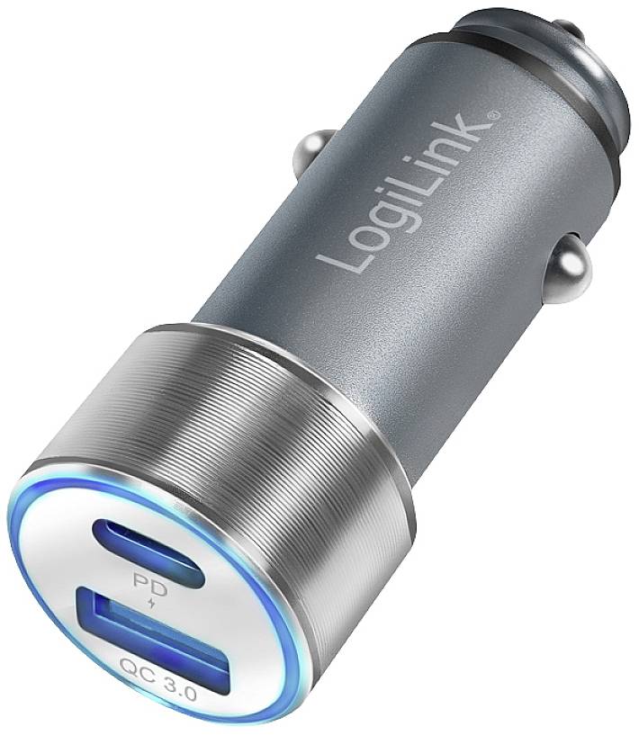 Un adaptateur USB pour voiture argenté de LogiLink avec deux ports : 'PD' pour Power Delivery et 'QC 3.0' pour Quick Charge.