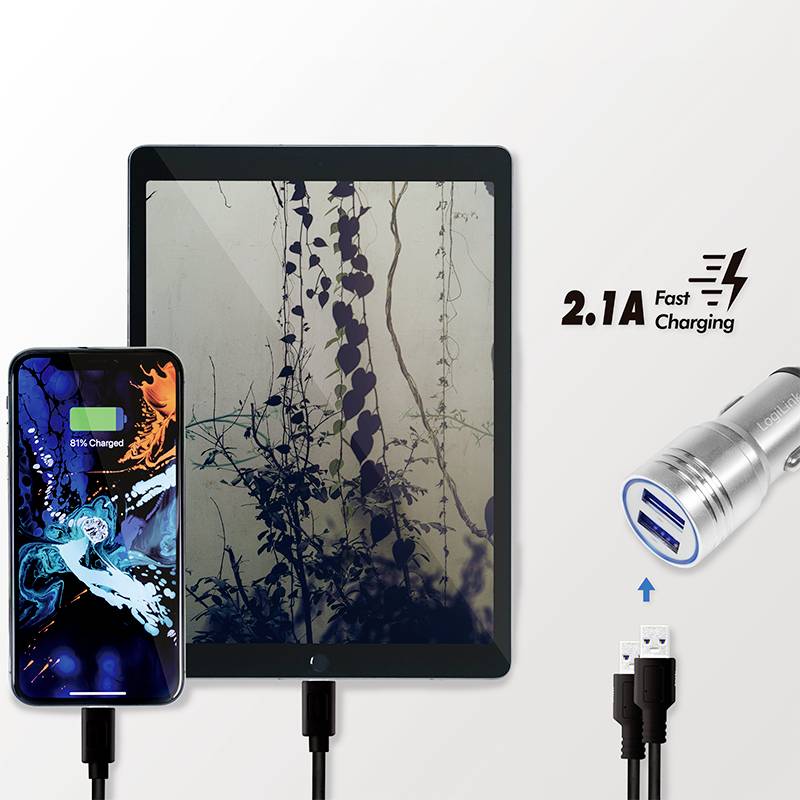 Smartphone et tablette sont chargés au moyen de câbles USB ; texte à côté : « 2,1A Charge Rapide », indiquant une charge rapide.