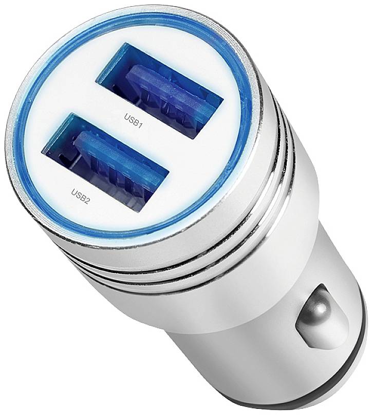 Un chargeur de voiture USB argenté avec deux ports USB bleus. Conçu pour charger des appareils mobiles en déplacement.