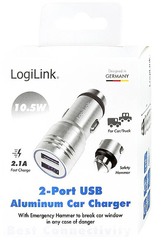 Chargeur USB double port pour voiture, avec marteau de sécurité pour briser les vitres en cas d'urgence. Prend en charge la charge rapide de 2,1A.