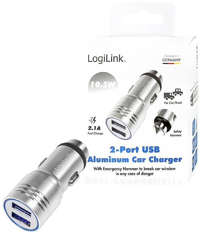 Un chargeur de voiture USB à 2 ports argenté de LogiLink. Prend en charge la charge rapide. Comprend un marteau de secours pour briser les vitres. L'emballage présente le chargeur et ses détails.