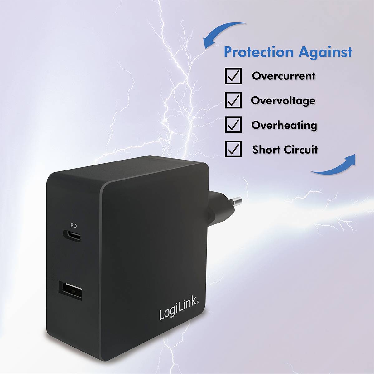 LogiLink Chargeur USB 65 W 1x USB-A, 1x USB-C® Power Delivery noir intérieure