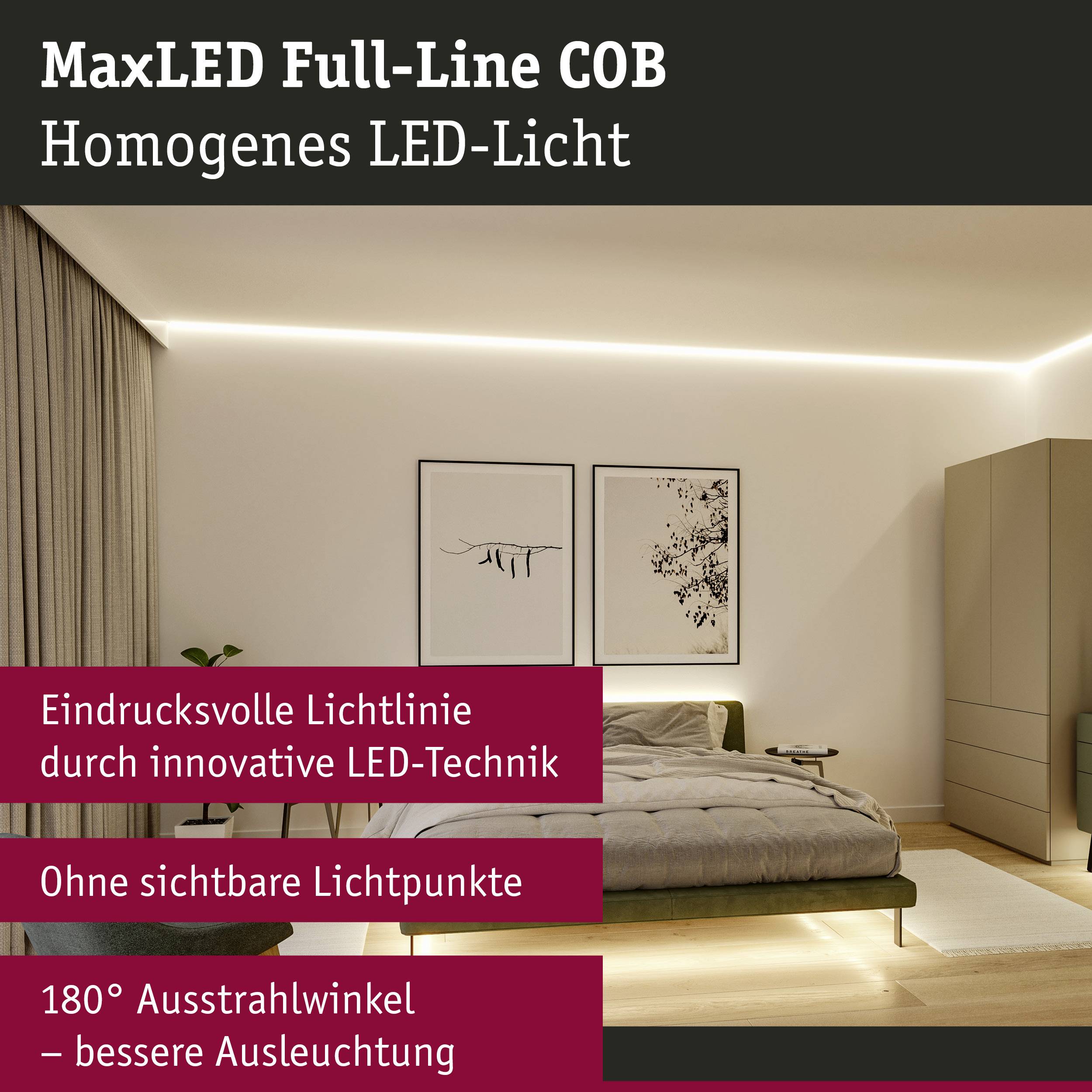 Une chambre moderne avec un éclairage LED variable sans points lumineux apparents. Le texte souligne la technologie innovante et l'éclairage homogène.