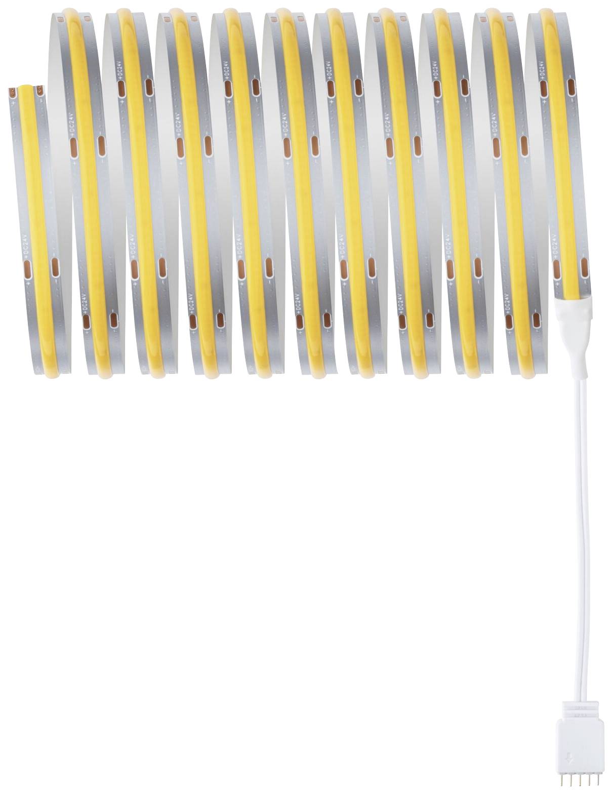 Une bande lumineuse LED enroulée dans un boîtier jaune avec un câble de connexion blanc sur le côté droit.