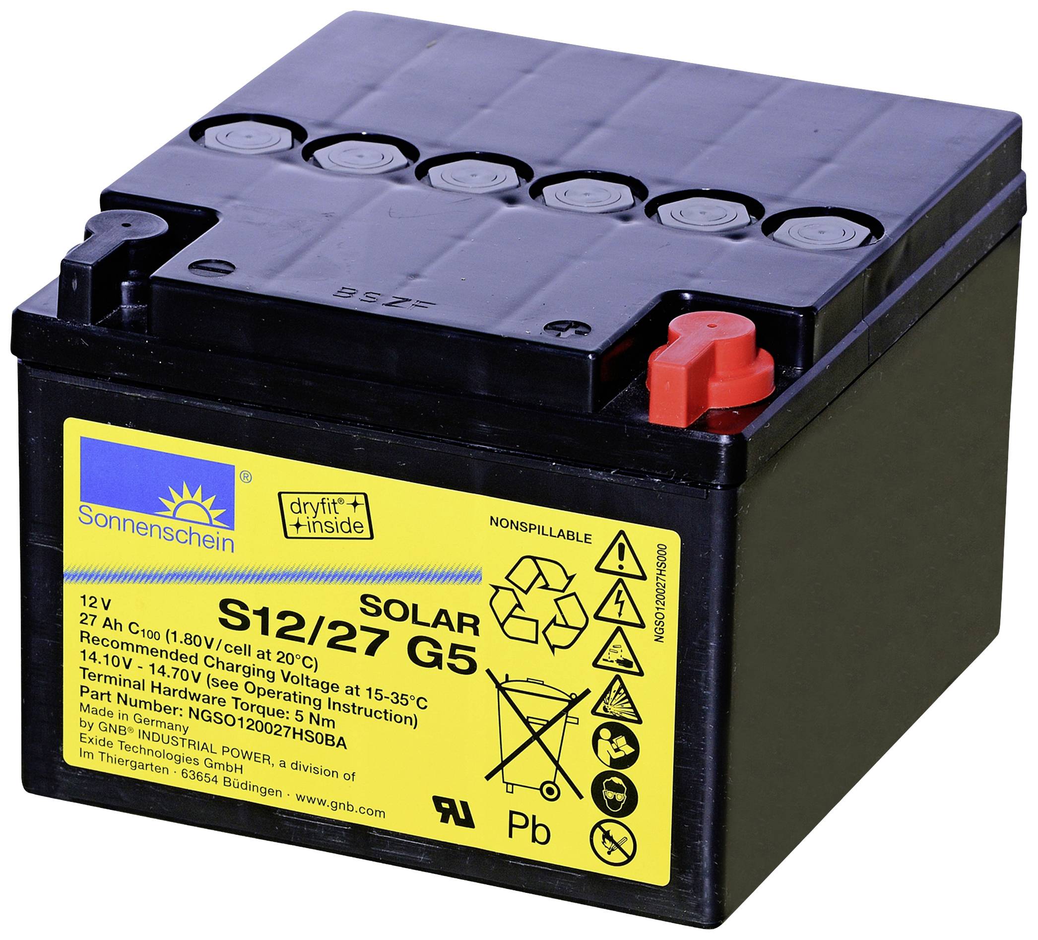 Accumulateur solaire noir Sonnenschein S12/27 G5, 12V, 27Ah, sans entretien. Avec inscription jaune et symboles sur la face avant.
