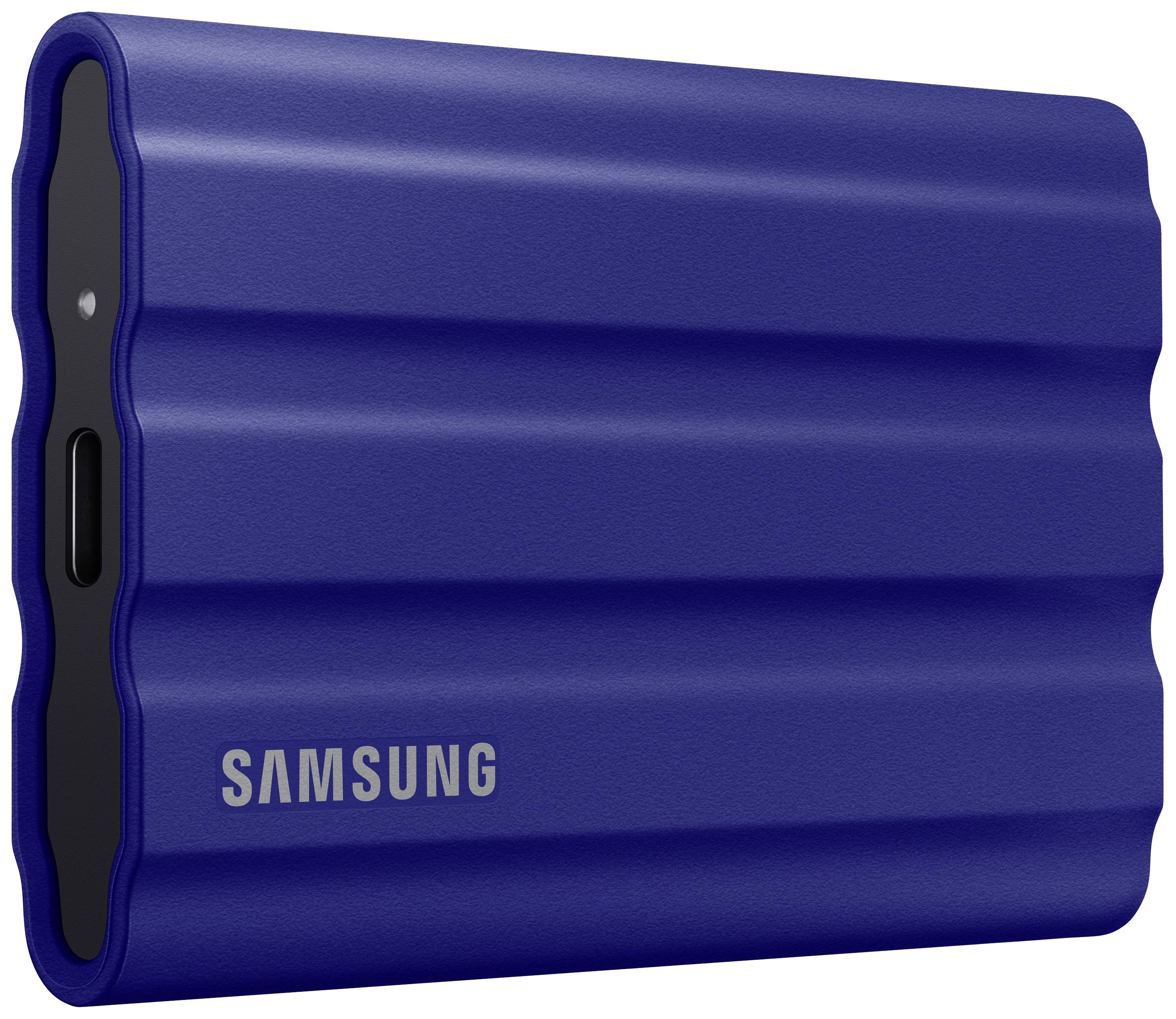 Disque dur externe Samsung bleu avec connexion USB-C, design texturé. Idéal pour le stockage et le transfert de données.