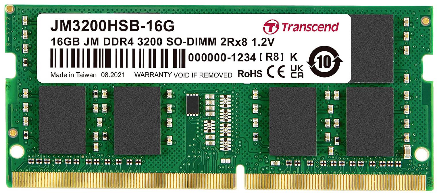 Transcend JetRAM Module mémoire pour PC portable DDR4 16 GB 1 x 16 GB 3200 MHz SO-DIMM 260 broches CL22 JM3200HSB-16G