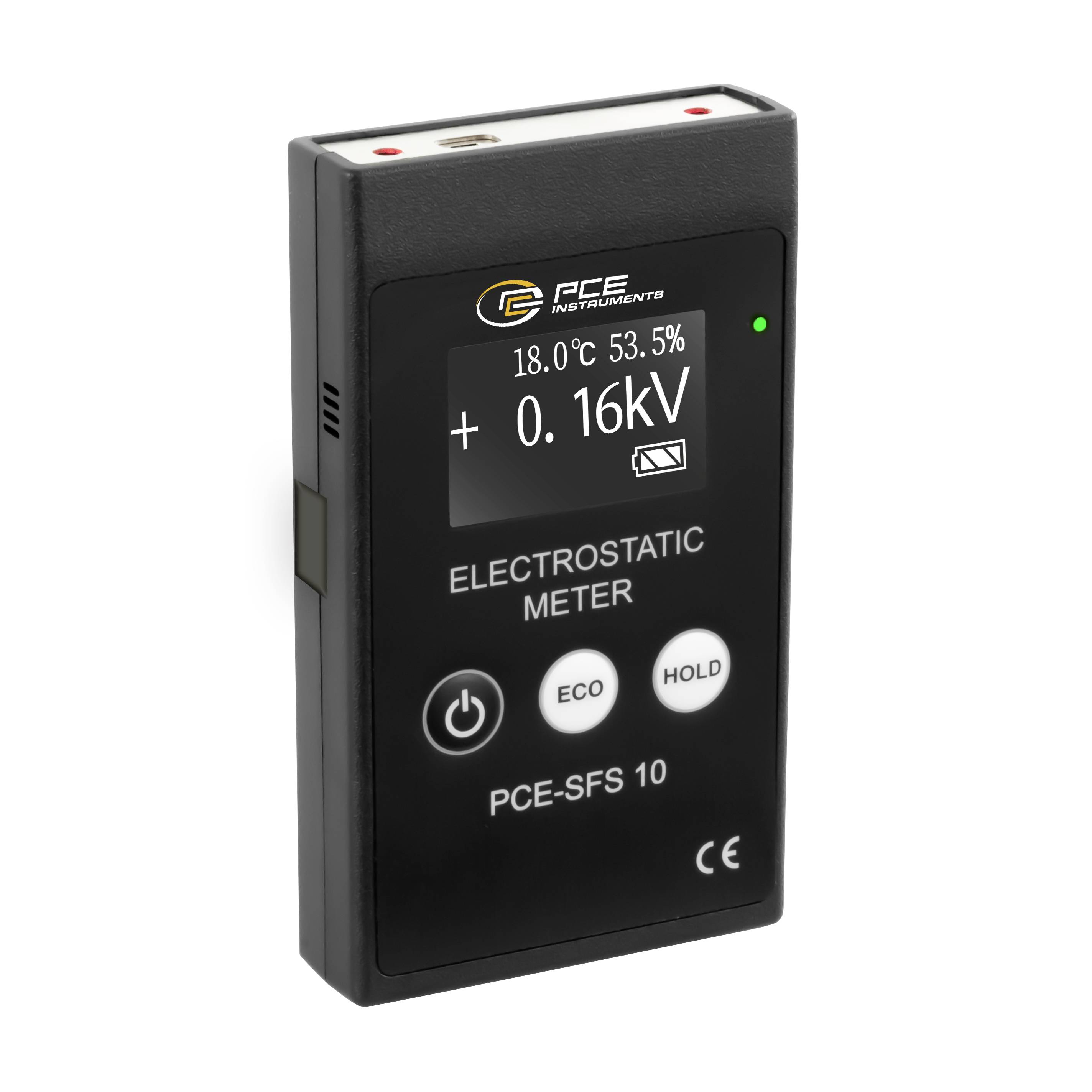 Appareil électrostatique portatif affichant 0,16 kV, 18,0°C et 53,5% d'humidité, avec les boutons ECO et HOLD illuminés par un indicateur vert.