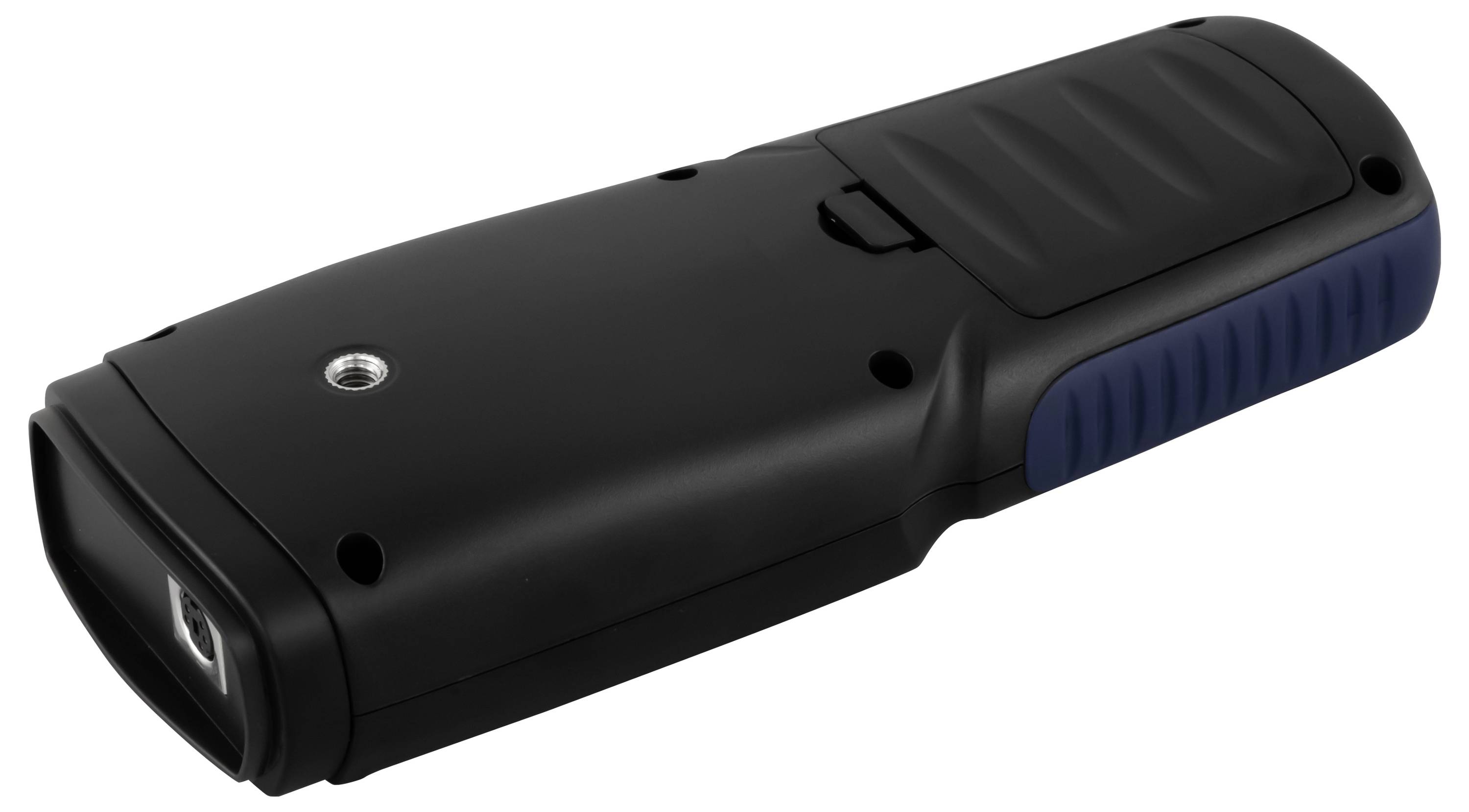 Appareil électronique portable noir avec une poignée bleue et un sommet incurvé, présenté en perspective sur un fond blanc.