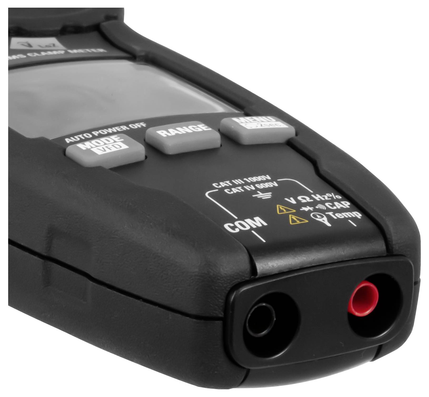 Nahaufnahme eines digitalen Multimeters mit COM- und roten Messspitzeneingangsbuchsen, sichtbaren MODE-, RANGE- und AUTO POWER OFF-Tasten.