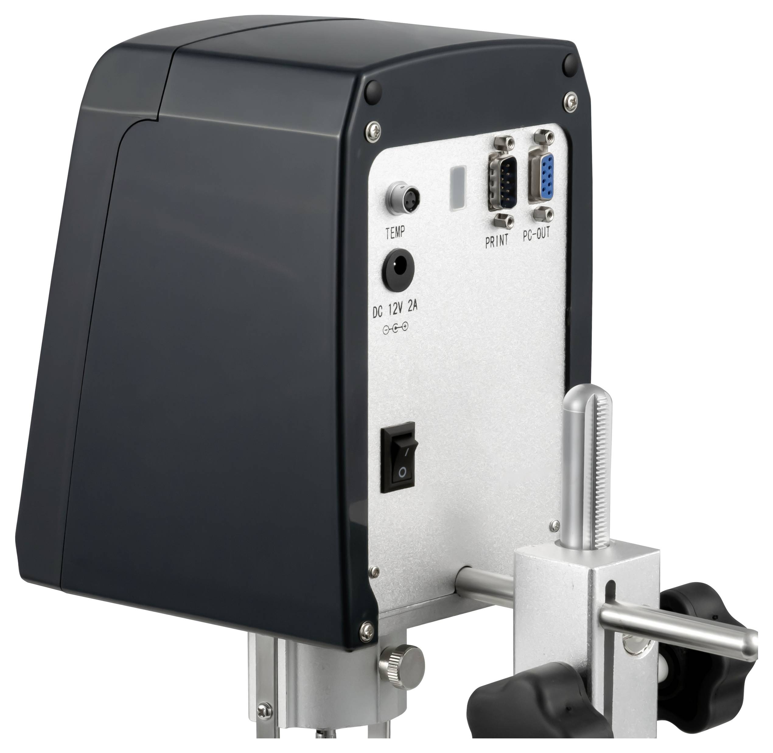 Panneau arrière du dispositif industriel avec port TEMP, entrée DC 12V 2A, commutateur marche/arrêt, et connecteurs PRINT et PC-OUT montés sur une équerre.