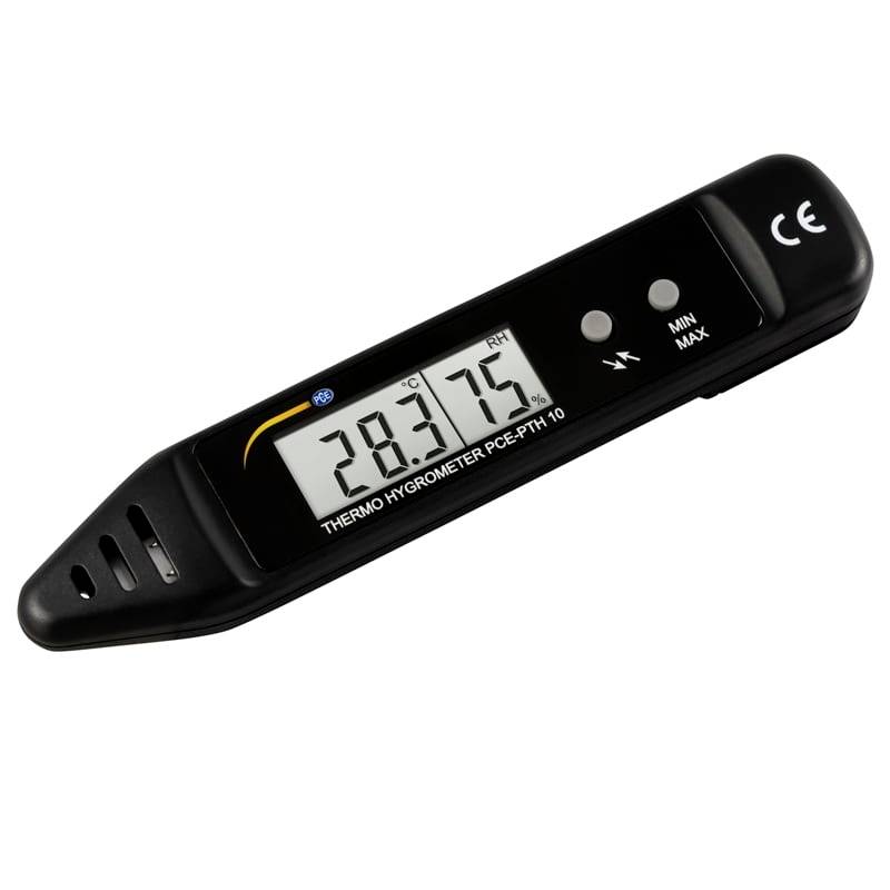 Thermo-hygromètre numérique noir affichant 20,3°C et 76% HR, avec boutons MIN/MAX et marquage CE.