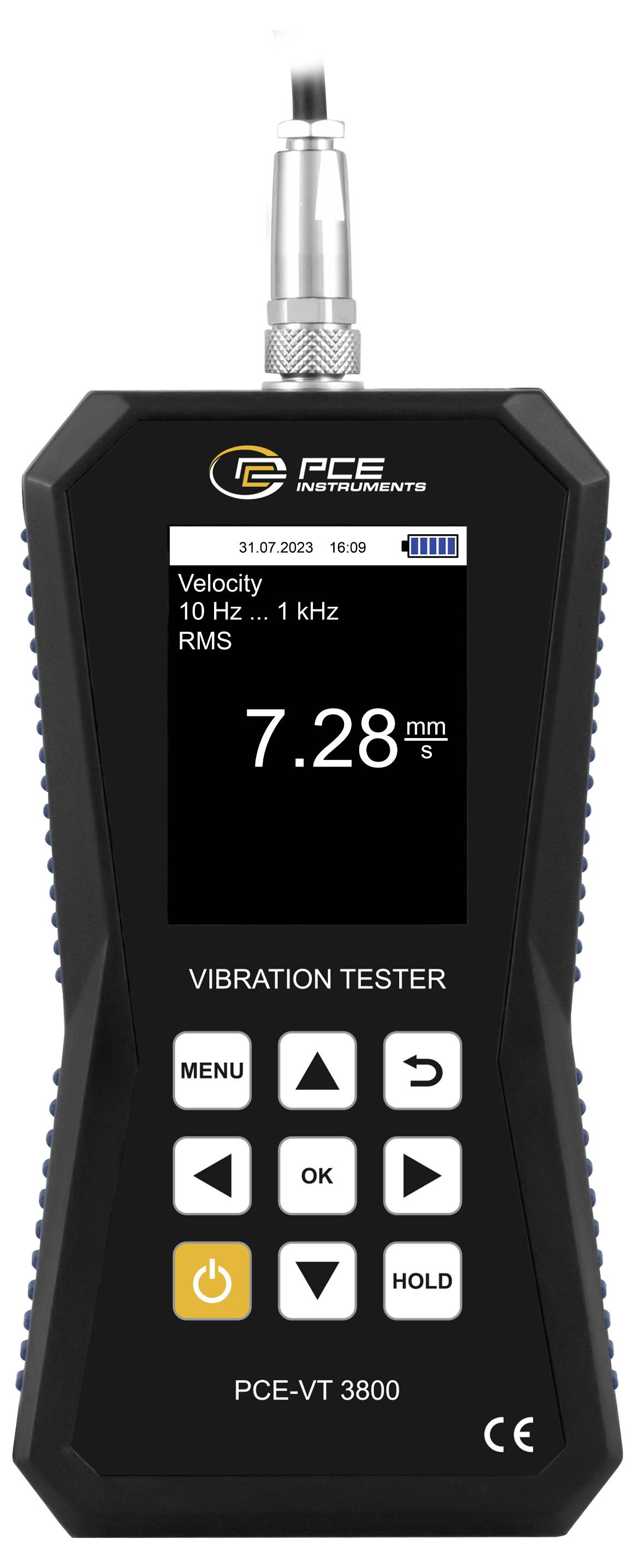 Testeur de vibrations PCE VT 3800 portatif affichant « Vélocité 10 Hz ... 1 kHz RMS » avec une lecture de 7,28 mm/s.