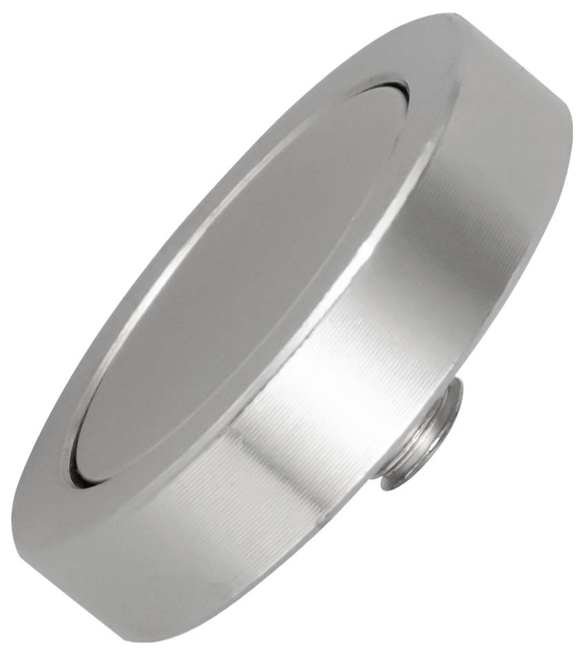 Capuchon ou couvercle en métal argenté avec filetage montré sous un angle sur un fond blanc.
