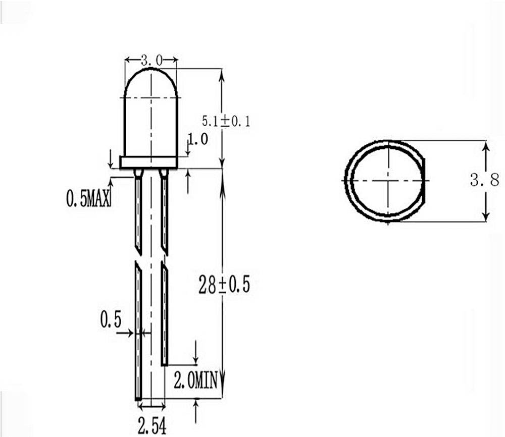 Dessin technique d'une LED avec dimensions : Hauteur 28 mm, diamètre du boîtier 5,1 mm, diamètre des broches 0,5 mm. Vue de dessus montre un cercle de 3,8 mm.