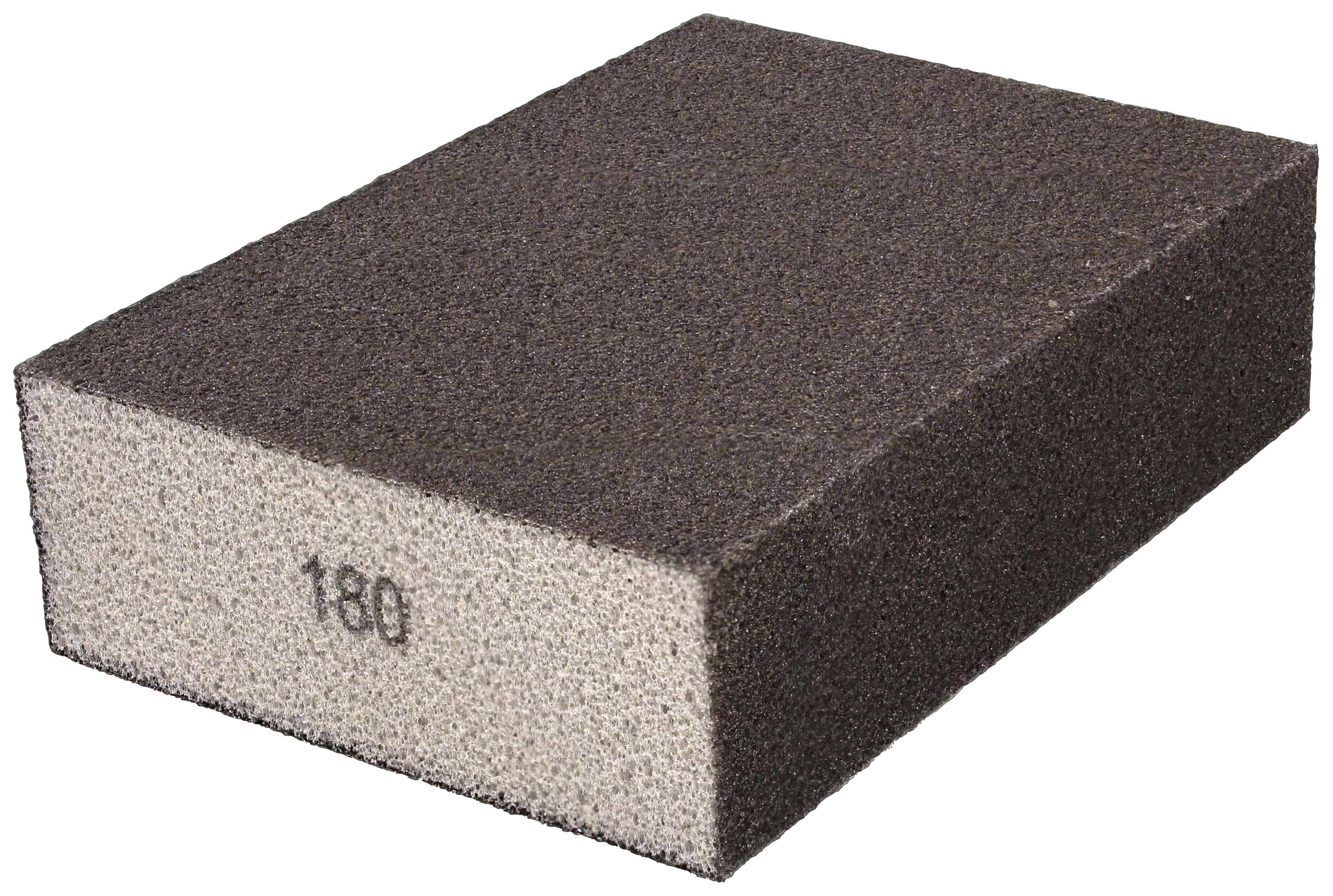 Une éponge abrasive rectangulaire avec un grain '180' sur le côté. La surface est rugueuse, adaptée aux travaux de ponçage.