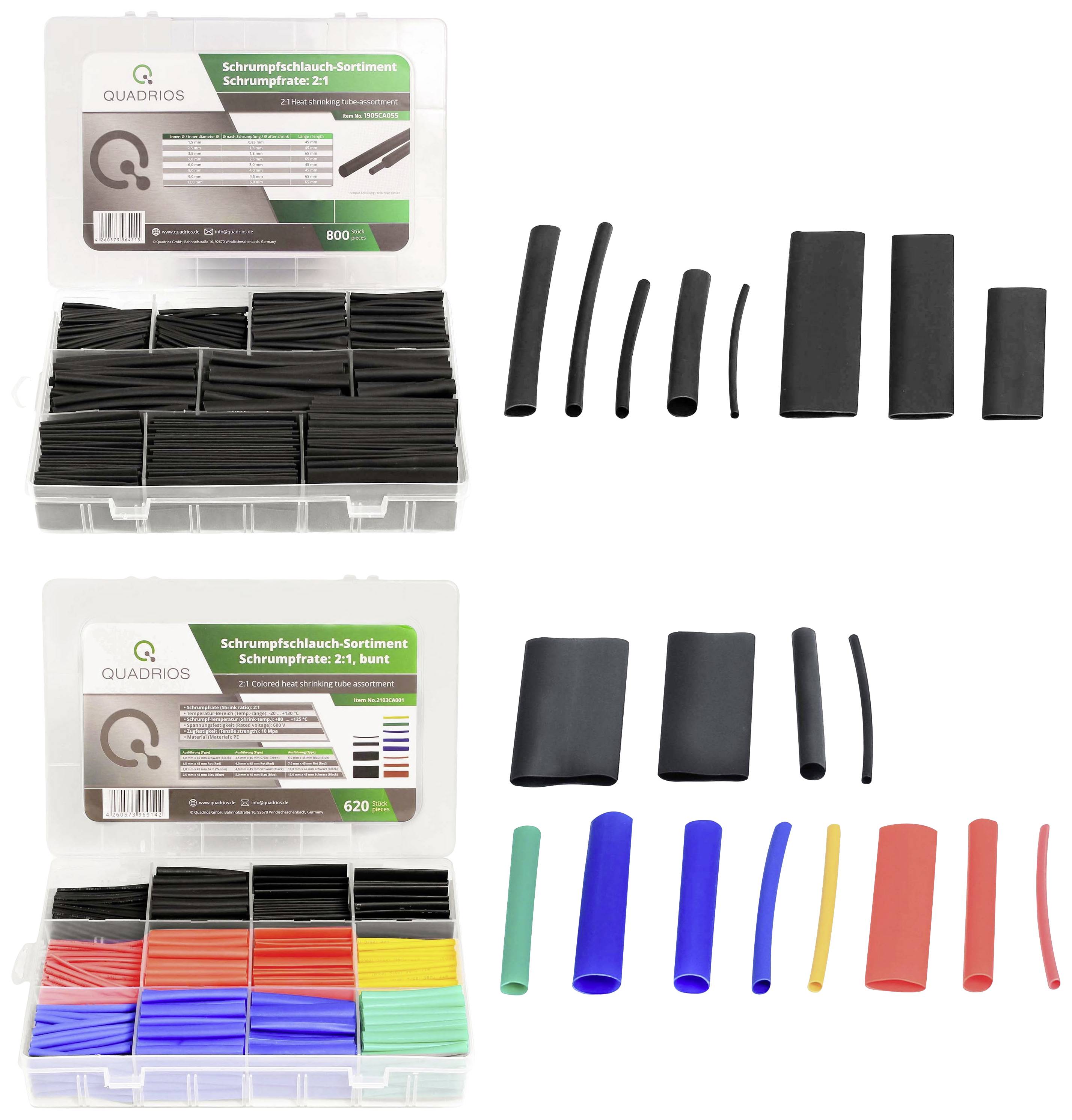 Deux sets de gaines thermorétractables : noir en haut, coloré en bas. Chaque boîte contient différentes tailles. Idéal pour la gestion des câbles.