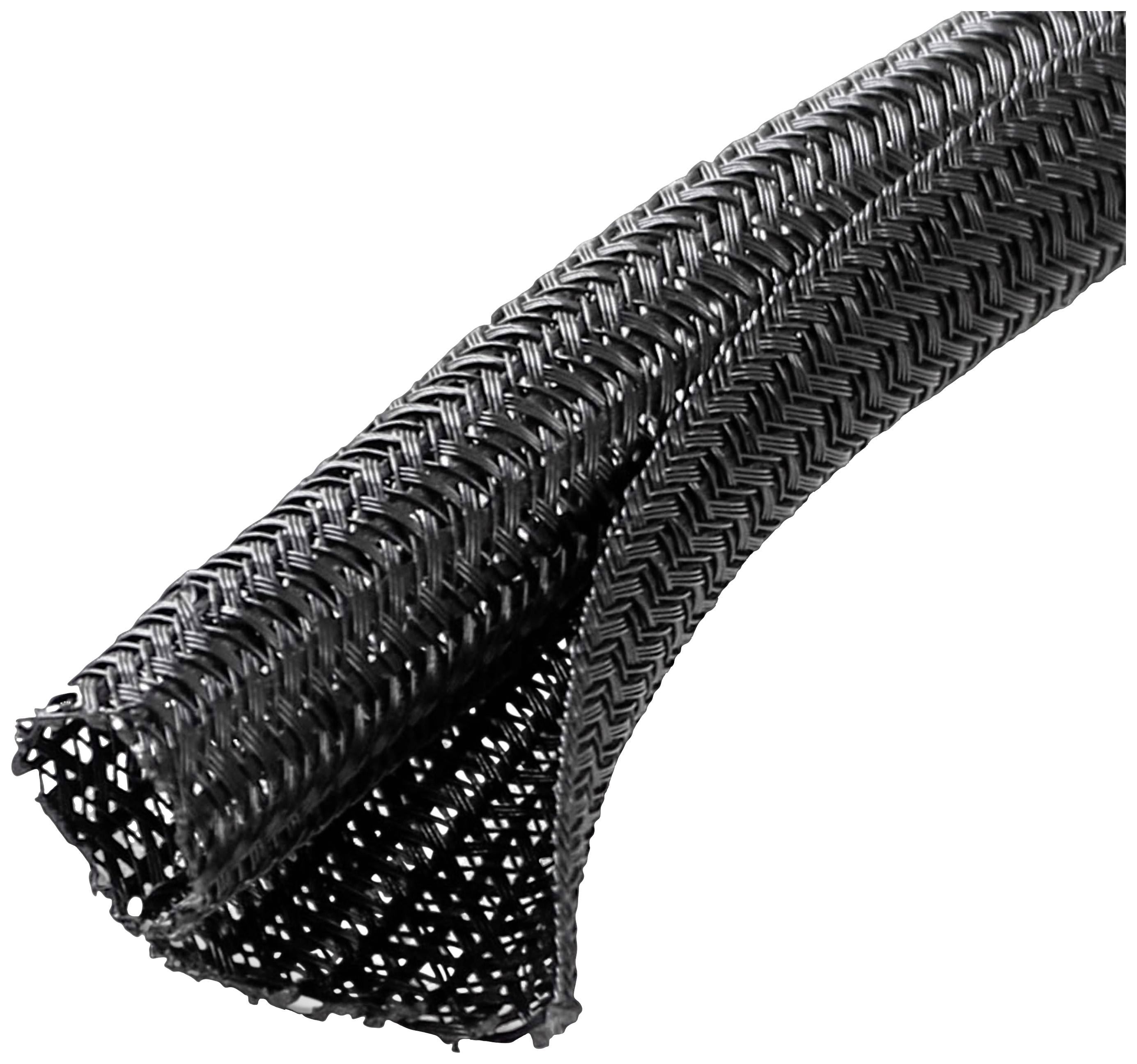 Un gaine de protection en plastique tressée noire, flexible et ouverte, conçue pour organiser les faisceaux de câbles.