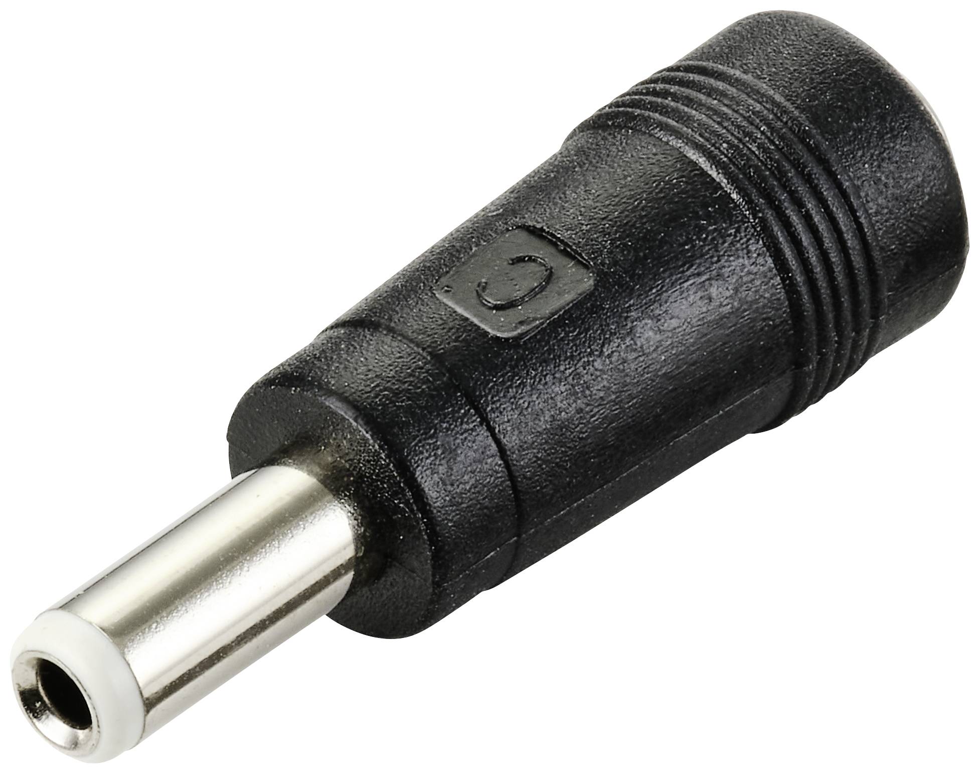 Un adaptateur noir avec un contact métallique rond et une poignée striée, souvent utilisé pour les connexions électroniques.