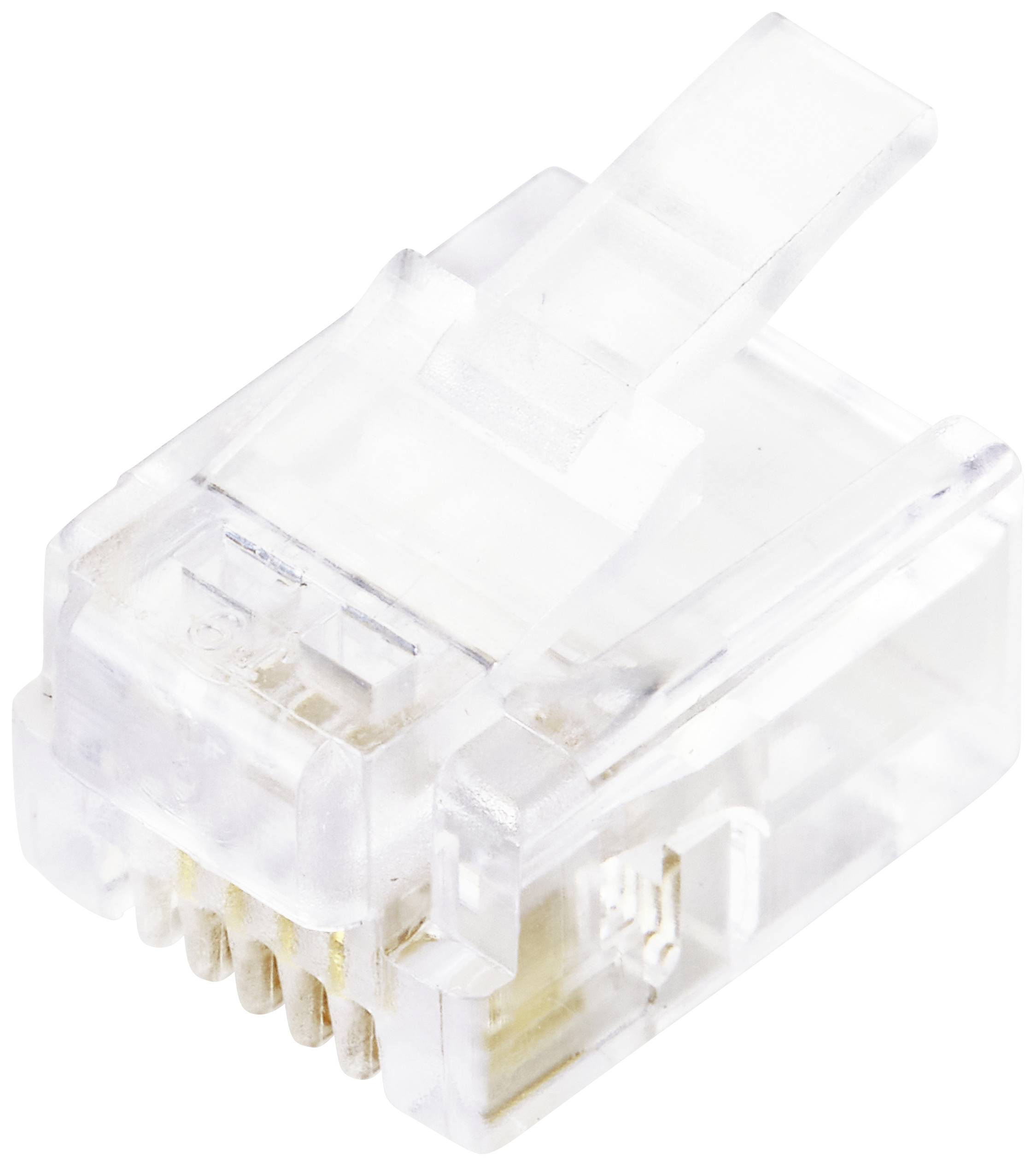 Un connecteur RJ45 transparent pour les connexions Ethernet, montrant les contacts dorés.